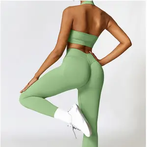 Terbaru kustom mulus pakaian Gym untuk wanita kerut celana pendek Yoga Legging 2Pcs olahraga Halter Bra setelan set