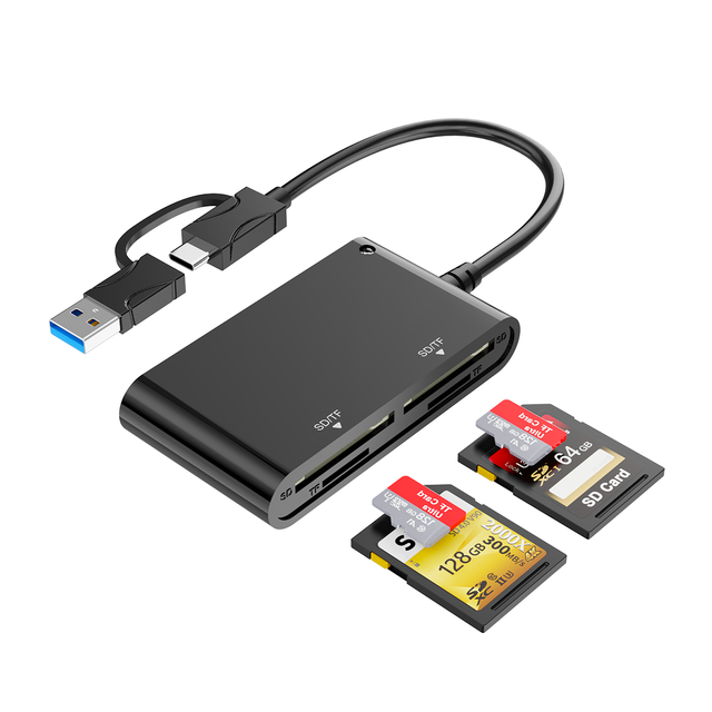 USB3.0 Card Reader for 2 SD and 2 TF Memory Cards Compatible with USB-A and Type C Devices