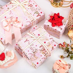 Original pink aluminum-coated <b>paper</b> <b>packaging</b> with gold foil pattern of the letters Happy Birthday and star shapes - Product Image 3