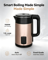 Bouilloire Électrique en Acier Inoxydable 1,5 L 1500 W avec Base Rotative à 360 Degrés, Protection Anti-Ébullition à Sec, Certifiée CE RoHS, Idéale pour la Cuisine Domestique (Vente en Gros)
