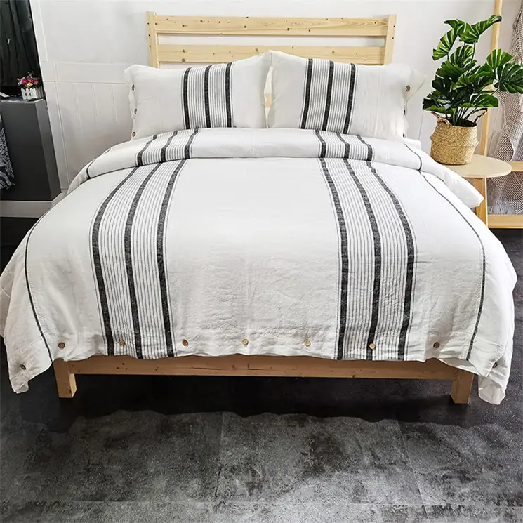 100% flax linen bedding european bedding set linen yarn dye stripe linen washable Duvet Cover set
