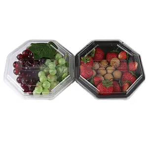 Recipiente de plástico PET para alimentos de supermercado transparente com tampa, caixa de plástico descartável para frutas e vegetais frescos, formato de octógono, por atacado