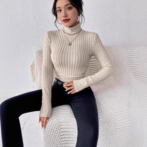 Camiseta de Punto Acanalado de Manga Larga y Cuello Alto para Mujer, Tallas Grandes, Color Sólido, Estilo Casual, Otoño Invierno, Dropshipping Shopify - Product Image 6