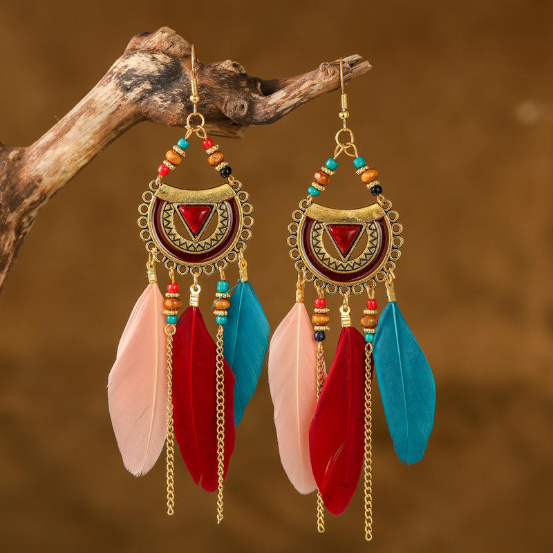 Shop Retro Ethnic Style Indian Long Colorful Feather Earrings
