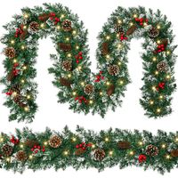 Guirlande de Noël floquée pré-éclairée avec pommes de pin, baies rouges et lumières LED pour porte d'entrée, escalier, cheminée, décoration de Noël en guirlande, vente en gros