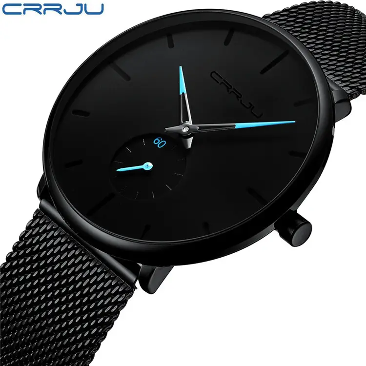 Classic Men Luxury Brand Watches Black Stainless Steel Minimalist Male Analog Clock Waterproof CRRJU 2150 Quartz Men Wrist Watch