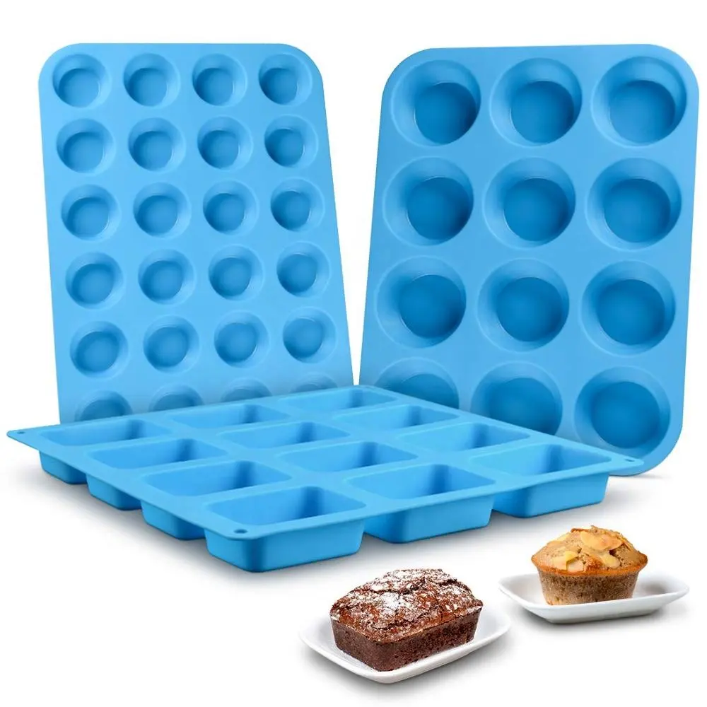 12 Cangkir Panci Muffin Silikon Cetakan Brownies Cupcake Biru Loyang Memanggang Silikon Cetakan Set dari 3 Kelas Makanan Silikon