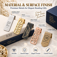 Service tout-en-un : Marque-page en métal personnalisé avec logo, design plaqué or et noir, forme et finition sur mesure, idéal pour cadeaux.
