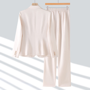 Women's Suit Set Light Blue Polyester Satin Office Lady Autumn Anti-Wrinkle Full Sleeve Professional Style - Product Image 3