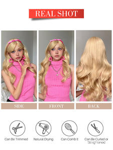 Perruque Cosplay Dorée en Fibre Synthétique avec Frange <span class=keywords><strong>Cheveux</strong></span> Longs <span class=keywords><strong>Bouclés</strong></span> Ensemble Complet Halloween Femmes Filles - Product Image 6