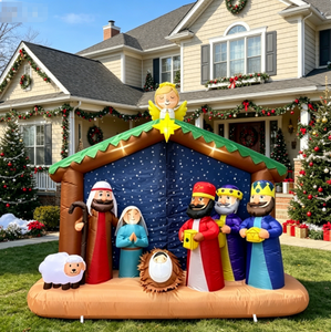 Crèche gonflable de 8 pieds de long avec lumières LED, décoration de jardin de Noël illuminée pour l'intérieur et l'extérieur, représentant la Sainte Famille. - Product Image 1