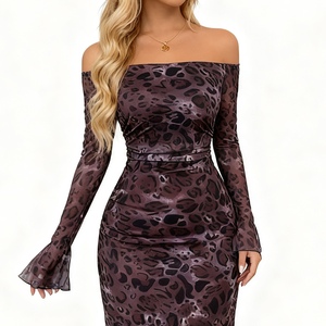 Nouvelles robes élégantes vintage pour femmes, à épaules dénudées, à manches longues, en maille, à imprimé léopard, tendance - Product Image 2