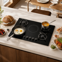 Table de cuisson encastrable quatre feux multi-équipements gaz/électrique avec surface en verre, système d'allumage électronique domestique, alimentation électrique