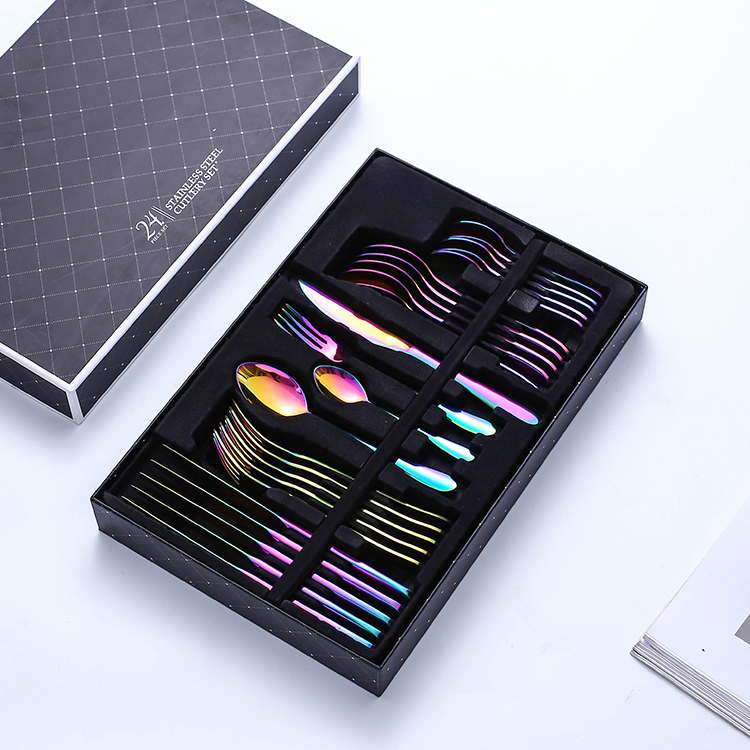 Amazom продажи 24 шт ножей, вилок и ложек комплекты радужные оптовая продажа столовые приборы из нержавеющей стали