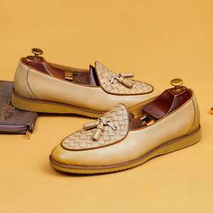 Mocassins à franges tissés pour hommes en cuir véritable, bout rond, à enfiler, respirants, toutes saisons, chaussures décontractées et professionnelles - Product Image 4
