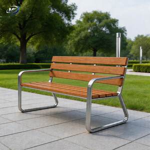 Banco de Teca Moderno para Paisajes Urbanos con Estructura de Acero Inoxidable, Asientos Públicos Duraderos para Exteriores, Impermeables, para 4 Personas - Product Image 1