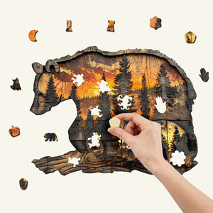 Rompecabezas de Madera con Forma de Oso y Atardecer en el Bosque, con Piezas Irregulares en Forma de Animales, Rompecabezas Artístico de Madera Único para Adultos y Niños - Product Image 1