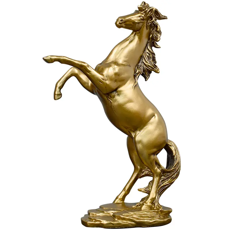 รูปปั้นม้าสีบรอนซ์สำเร็จรูปสีทองงานศิลปะโพลีเรซิ่นแฮนด์เมดสำหรับตกแต่งโต๊ะในบ้าน
