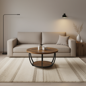 Table basse ronde en bois rustique moderne marron à 2 niveaux, structure métallique robuste, rangement ouvert, montage facile, style minimaliste pour salon - Product Image 2