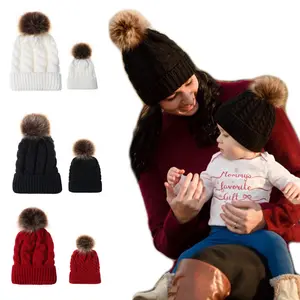Sombrero de invierno cálido para padres e hijos, gorro de punto de piel para madre e hija, gorro de esquí de ganchillo para Familia, 9 colores sólidos, 2 uds.