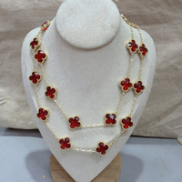 Kalung Semanggi Berdaun Empat Vintage Rantai Sweater Panjang Hitam Merah Kristal Zirkon Liontin Semanggi untuk Wanita Hadiah Pesta