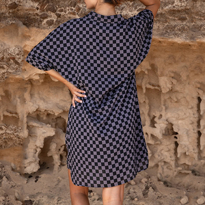 Vestido camisero holgado con estampado a cuadros bohemios, personalizado de fábrica, vestido camisero de algodón orgánico de alta calidad - Product Image 3