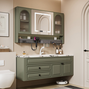 American style Green Bathroom Vanity With LED <b>Mirror</b> Display 60 In MDF Cabinet Ceramic Sink Floor Standing Rectangular Design - Product Image 2