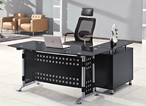 Bàn văn phòng thường xuyên Kích thước văn phòng hiện đại Đồ nội thất kim loại + kính văn phòng bảng Ông Chủ điều hành L hình bàn - Product Image 3