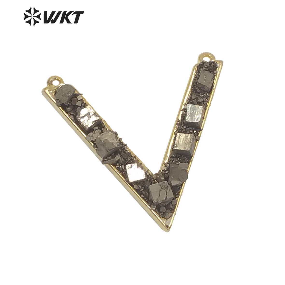 WT-P812 New design 18k gold plated bezel V letter pendant with raw pyrite pavefashion V pyrite pendant for necklace