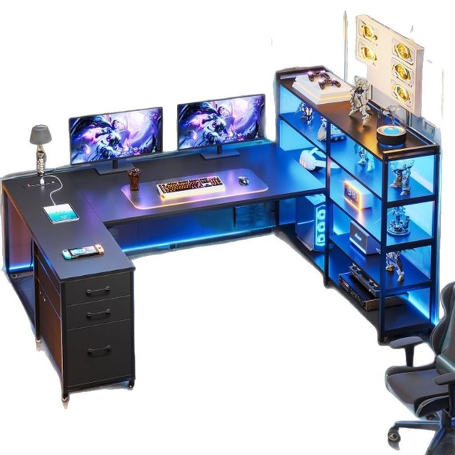 Black L-shaped Gaming Desk with 7-color LED Light Power Outlet, Storage Shelves Fabric Drawers for Home Office Gaming Use