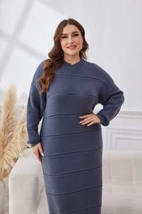 中国工厂加大码冬季马克西条纹宽松休闲镂空女式针织连衣裙 - Product Image 4