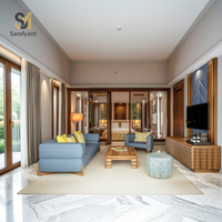 Meubles de villa d'hôtel tropical moderne de luxe, canapés en tissu avec cadre en teck, unités de salon en bois massif, projet hôtelier personnalisé
