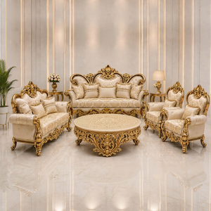 Juego de Sala de Estar de Madera de Teca de Lujo Estilo Castillo, Tallado a Mano, Sofá y Sillón Maharaja con Detalles en Oro - Product Image 1