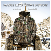 Hoodie Longgar Berlapis Pemutih Grosir untuk Musim Gugur, Cetak 3D Daun Maple Anime Pria Ukuran Besar Logo Kustom di Belakang Bahan Poliester/Katun