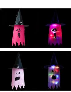 Chapeau de sorcière lumineux et coloré pour décorations de fête d'Halloween avec accessoires de scène, chapeau de magicien à bord festonné et pendentif fantôme - Product Image 5