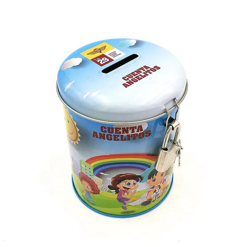 Hotsale personalizado ronda de dibujos animados banco de moneda lata con cerradura y llave para los niños