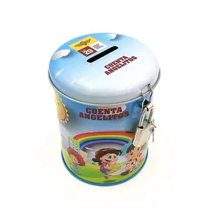 Hotsale aangepaste ronde cartoon coin bank tin kan met slot en sleutel voor kinderen