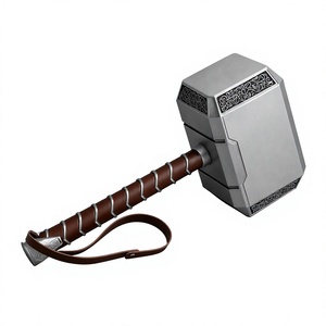 Réplique de marteau de Thor en métal argenté, objet de collection avec poignée et sangle en cuir marron, pièce d'art et d'exposition - Product Image 1