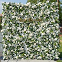 EG-M041 5D 8ft X 8ft Mur de fleurs artificielles en tissu de soie enroulable, roses réalistes et douces, blanches, pour décoration de toile de fond de mariage