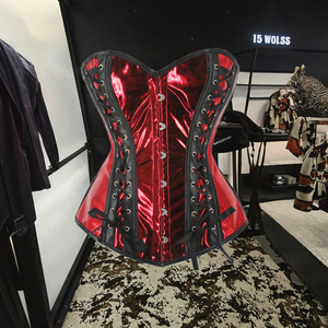 Corsetto Bustier Steampunk per Donne, <span class=keywords><strong>Sexy</strong></span> Top Rosso con Lacci Frontali, Corsetto Traspirante in Finta Pelle Metallizzata e Raso - Product Image 2
