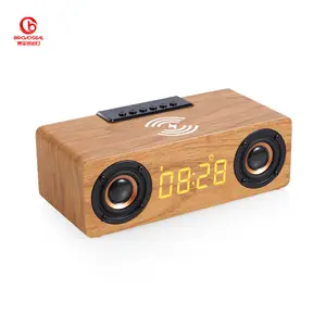 Led Display Despertador Rádio FM 10w Tabela BT Blue-Tooth 5.0 Speaker Com Carregador Sem Fio De Madeira