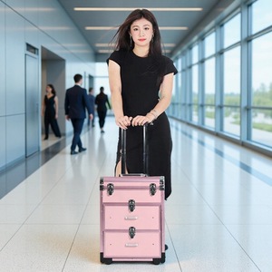 Valise cosmétique rose en métal avec roulettes et tiroirs pour le rangement du maquillage, usage domestique - Product Image 4