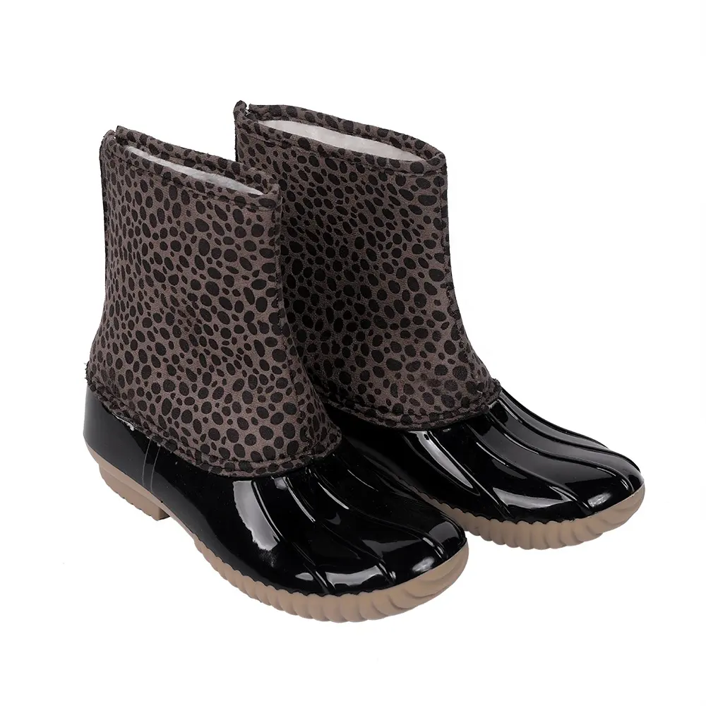 Free Shipping New Fashion Design Duck Boots Women Waterproof Glossy Cow Leopard Print Rain Snow Boots