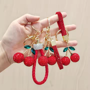 Hot Cherries Keychain Cute Bling Crystal Rhinestones Key Chain Double Cherry Charm Purse Handbag Pendant Accessories Jewelry