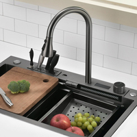 Évier de cuisine multifonctionnel intelligent en acier inoxydable, double cuvette avec cascade, poste de travail, lave-gobelet, porte-couteau, tout en un