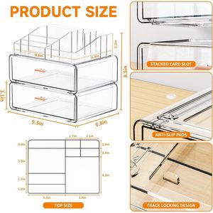 Clear Double Layer Cosmetic Storage <b>Drawer</b> With <b>Stackable</b> Design For Makeup Organizer Desktop Use - Product Image 2