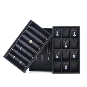 豪华黑色PU皮革珠宝展示托盘戒指吊坠项链珠宝盒收纳器展示托盘