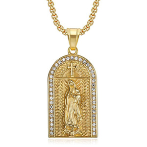 yunnique Stainless Steel Gold Plated Diamond Stud Pendant Necklace With Virgin Mary Design Unisex Gift Jewelry - Product Image 1