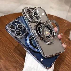 Bling Luxury Plating Shockproof Magnetic Bracket Clear Case for iPhone 15 12 13 14 Pro Max Plus With Holder Stand Diamond Cover