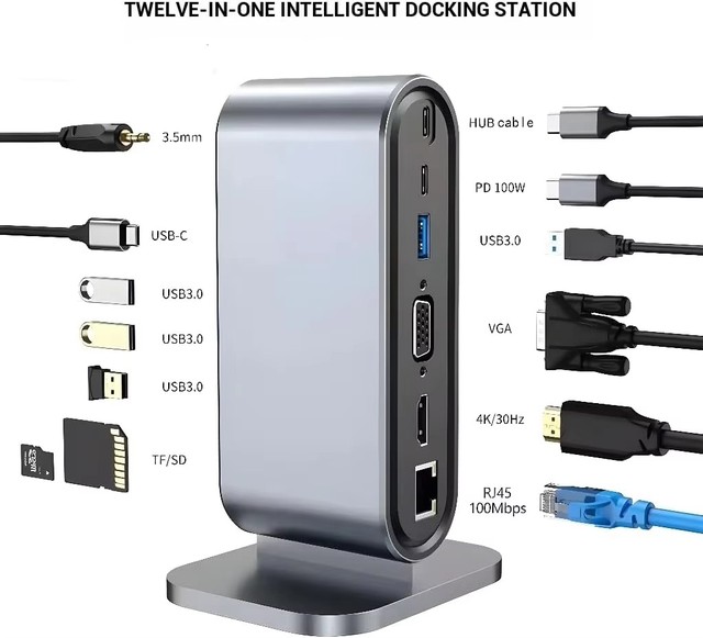 FJGEAR Portable Multifunctional Docking Station for Laptop Computer Integrated Cable USB2.0 12 in 1 Hub Docking Station